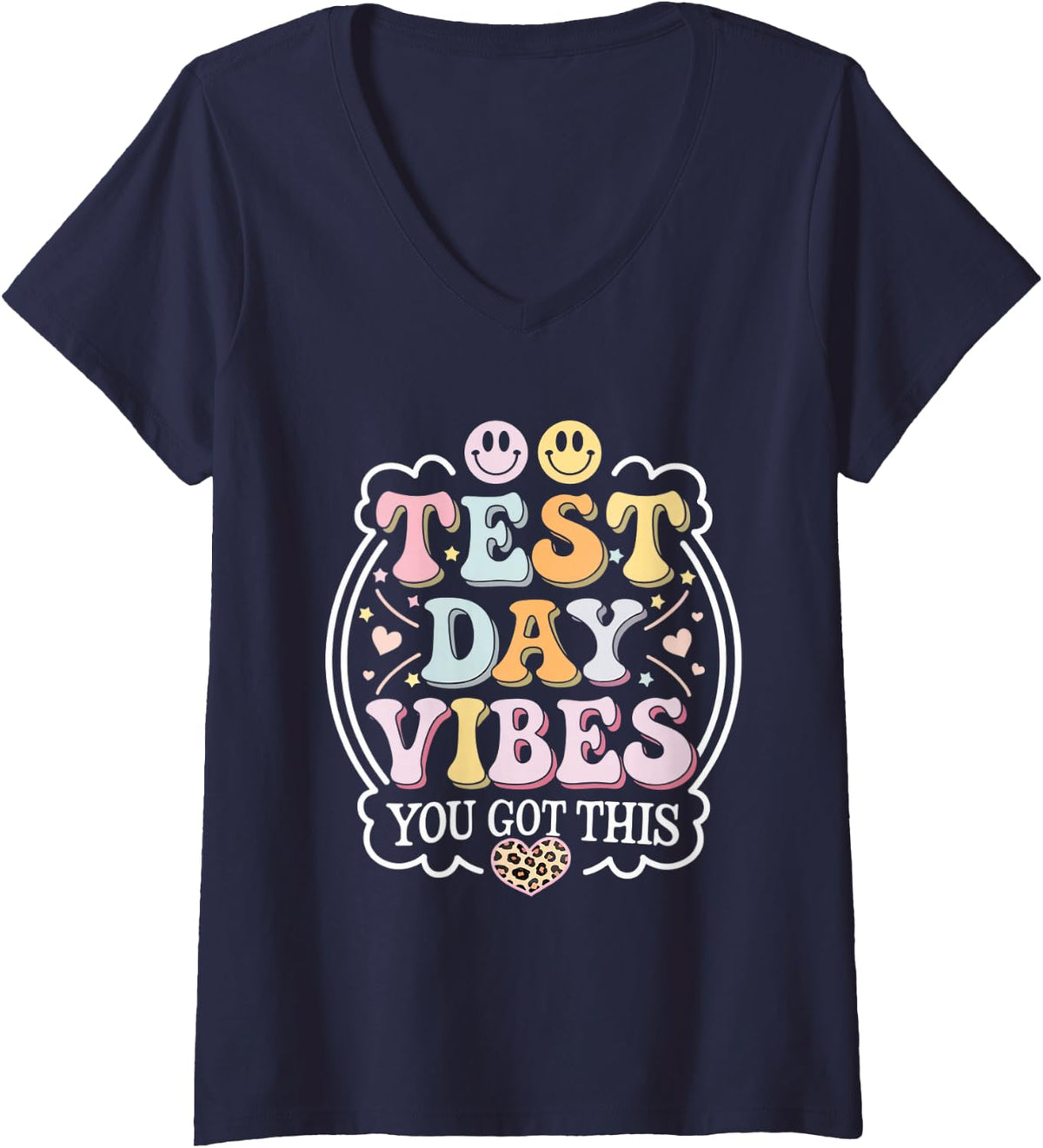 Women's Test Day Vibes You Got This Cute Groovy Testing Day Teacher V-Neck T-Shirt - Navy Blue