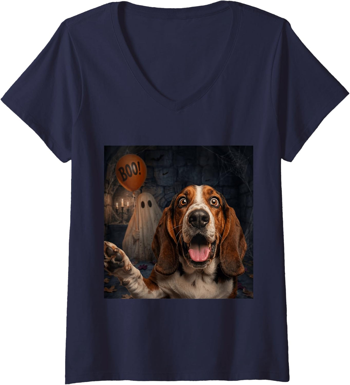 Women's Funny Basset Hound Ghost Boo Halloween Selfie Dog Meme V-Neck T-Shirt - Navy Blue