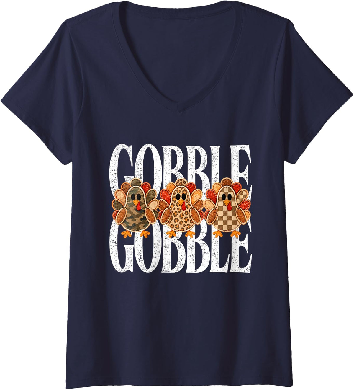 Women's Gobble Gobble Thanksgiving Turkey Camo Leopard Plaid Fall V-Neck T-Shirt - Navy Blue