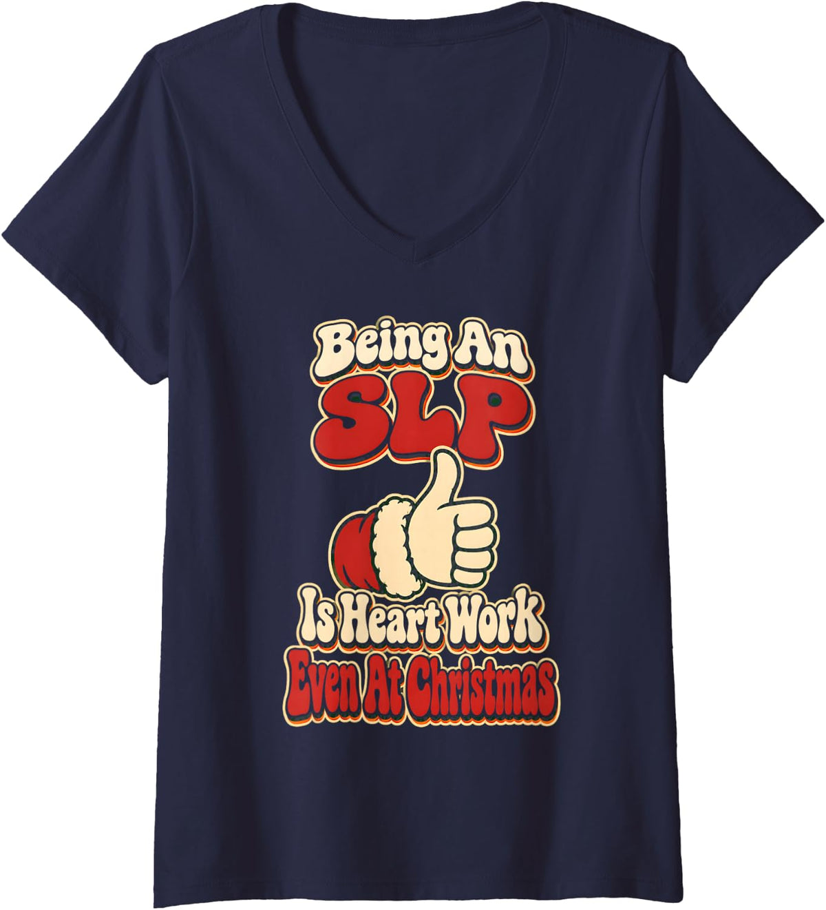 Women's Speech Language Pathologist Christmas SLP Heart Work V-Neck T-Shirt - Navy Blue