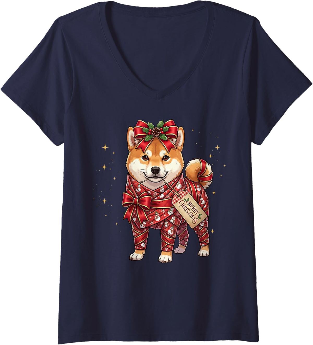 Women's Shiba Inu Dog Snowman Wrapping Paper Present Holly Pinecone V-Neck T-Shirt - Navy Blue