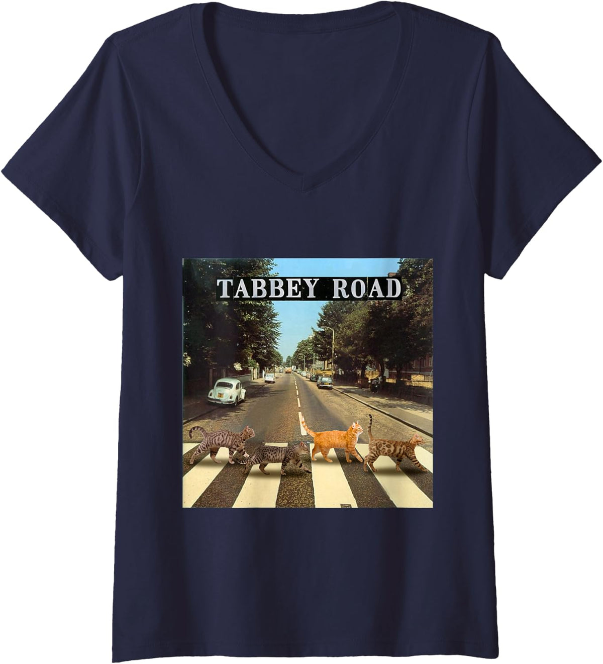 Womens Tabby Road Cool Tabby Cats Crossing V-Neck T-Shirt - Navy Blue