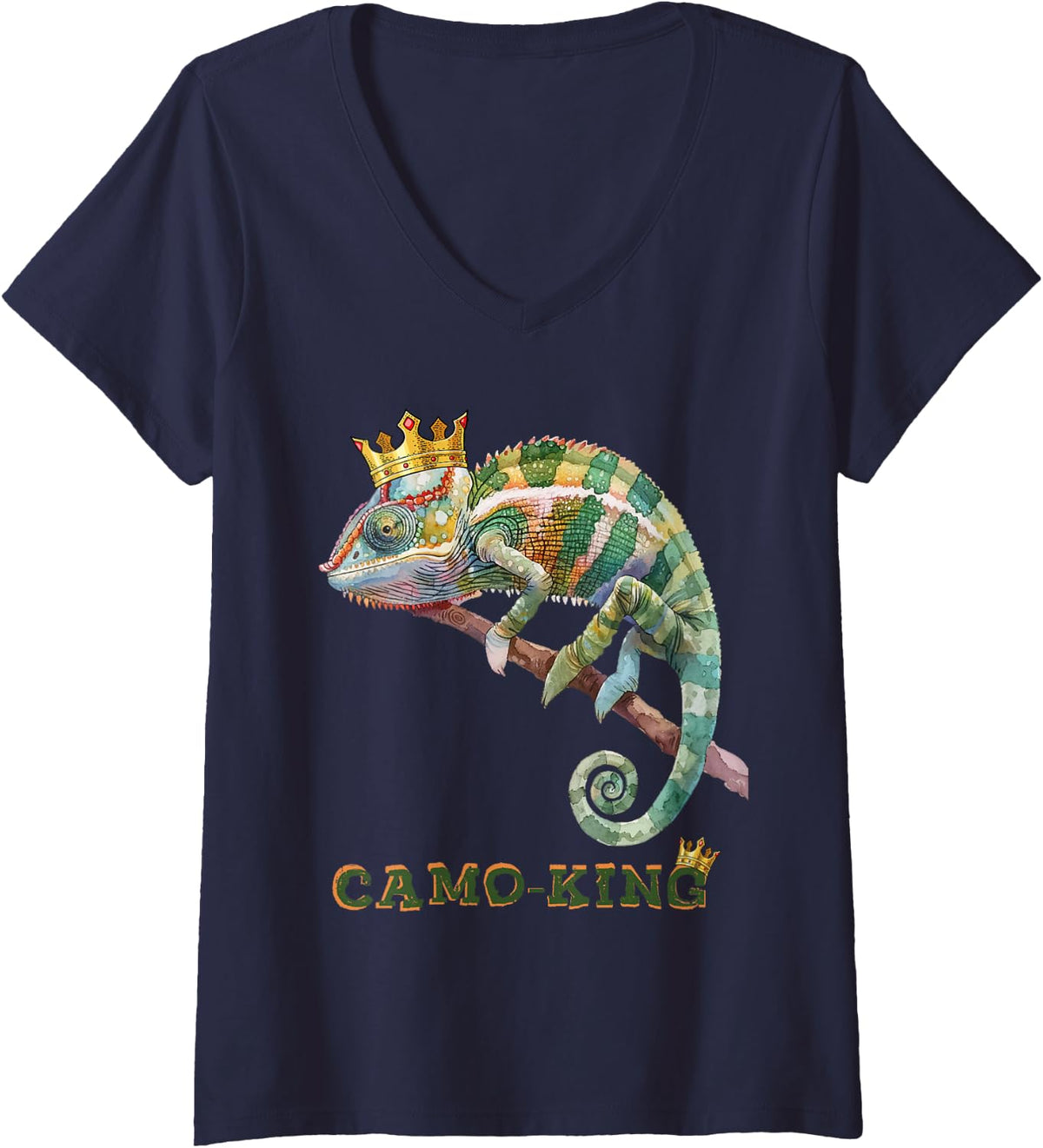 Women's Camo King Chameleon with Crown Funny Camouflage Animal V-Neck T-Shirt - Navy Blue