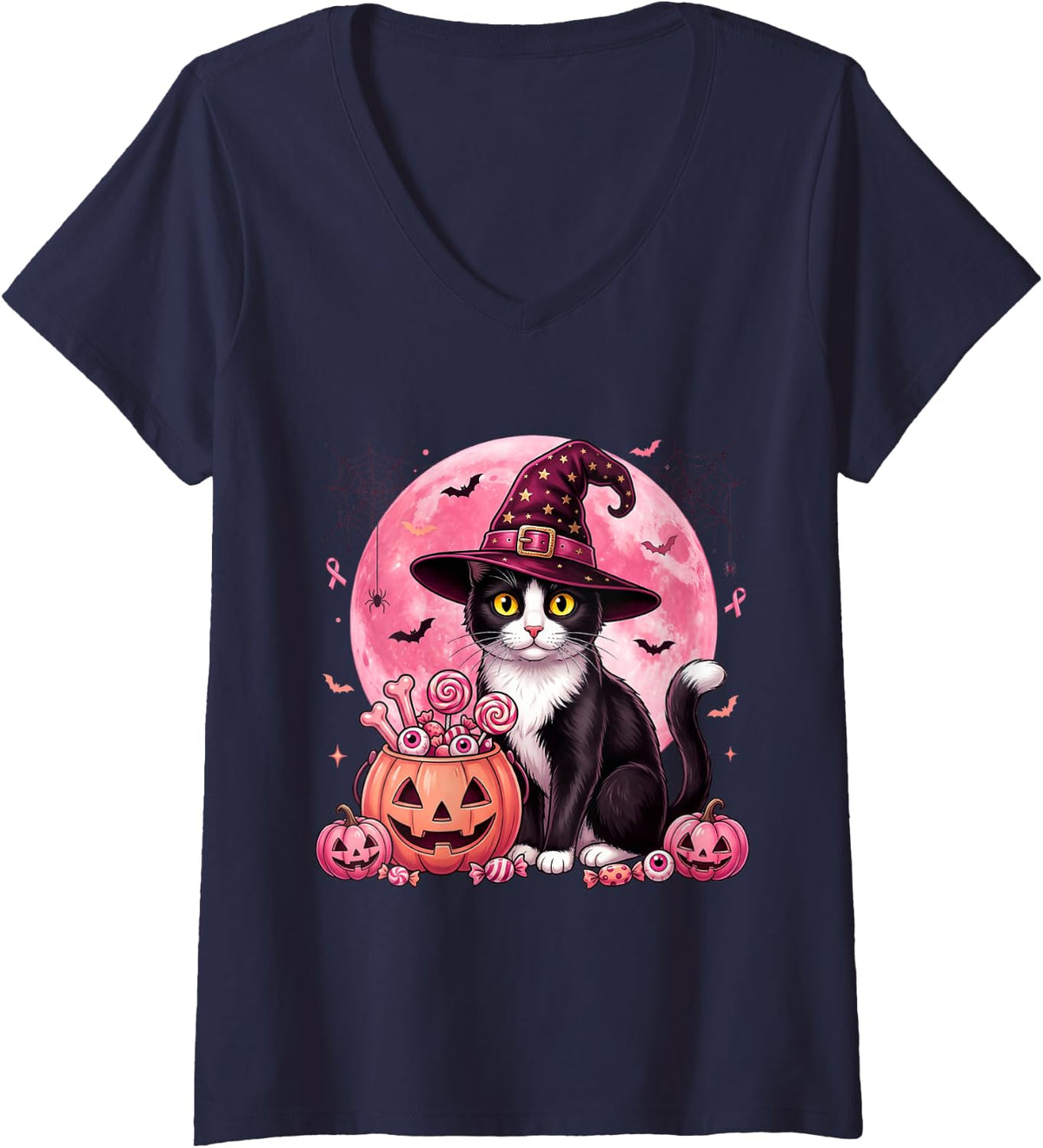 Women's Tuxedo Cat Halloween Pink Pumpkin Candy V-Neck T-Shirt - Navy Blue