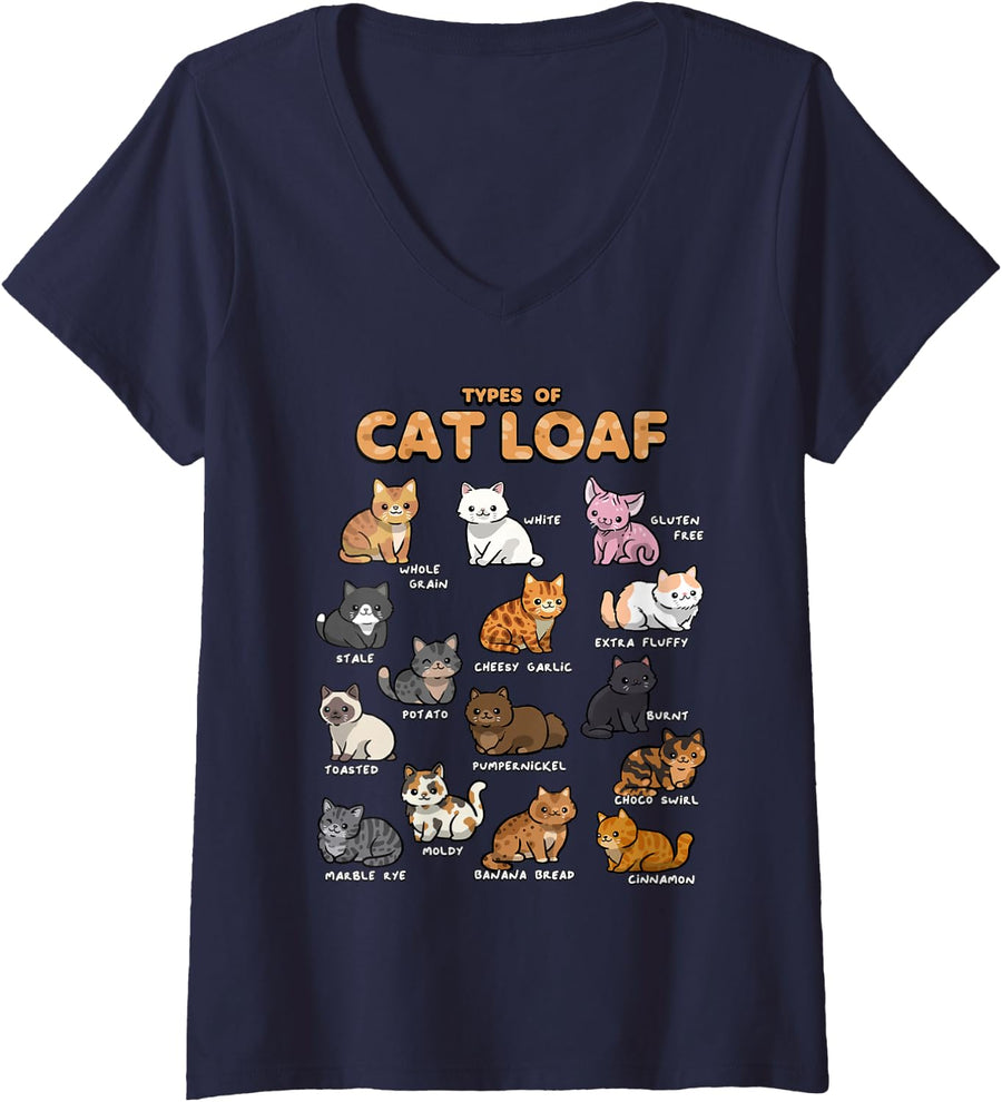 Womens Types of Cat Loaf Cute Kitten Kawaii Cats, Cat Lover V-Neck T-Shirt - Navy Blue