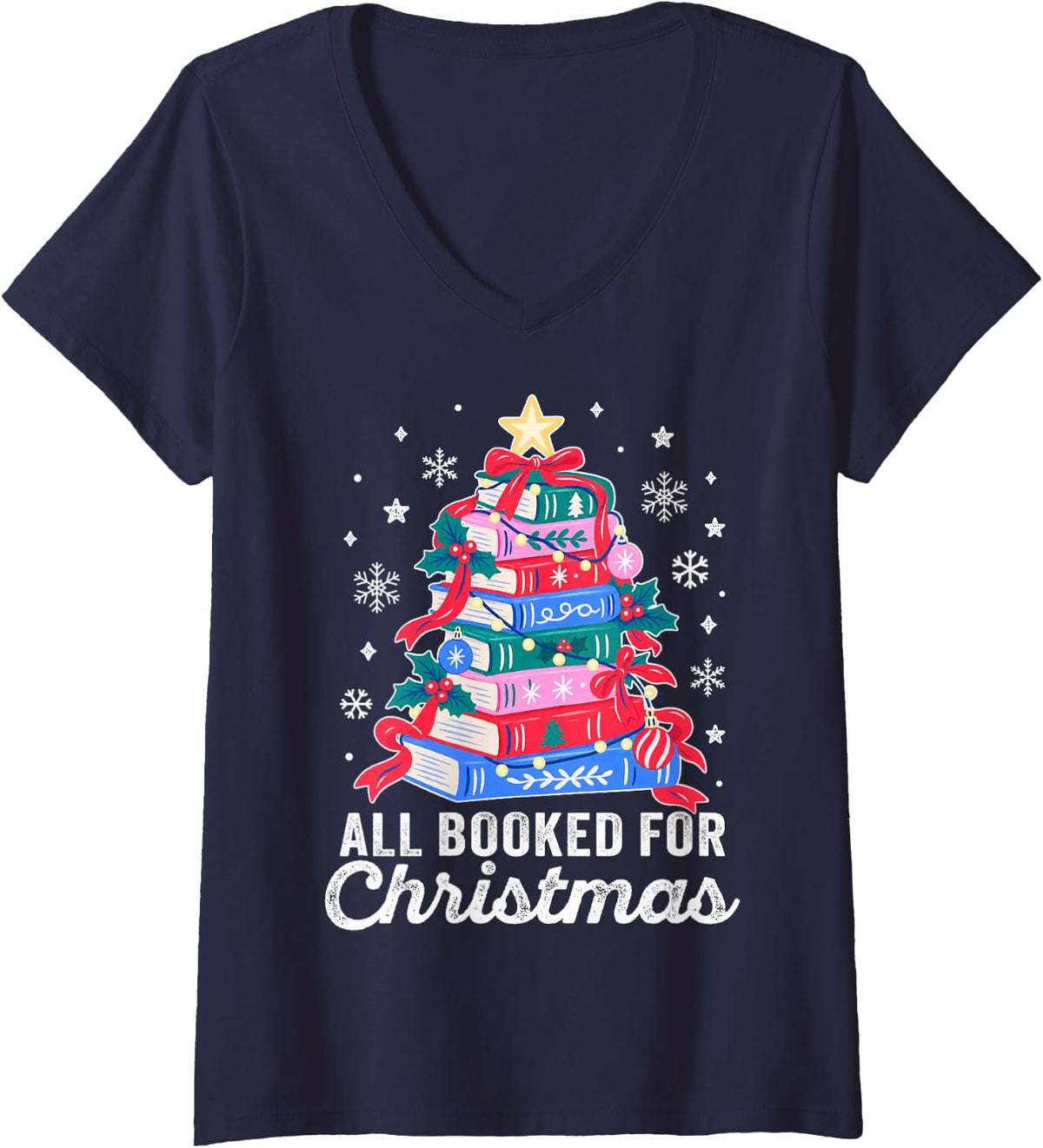 Women's All Booked for Christmas Tree Book Lover Teacher Librarian V-Neck T-Shirt - Navy Blue