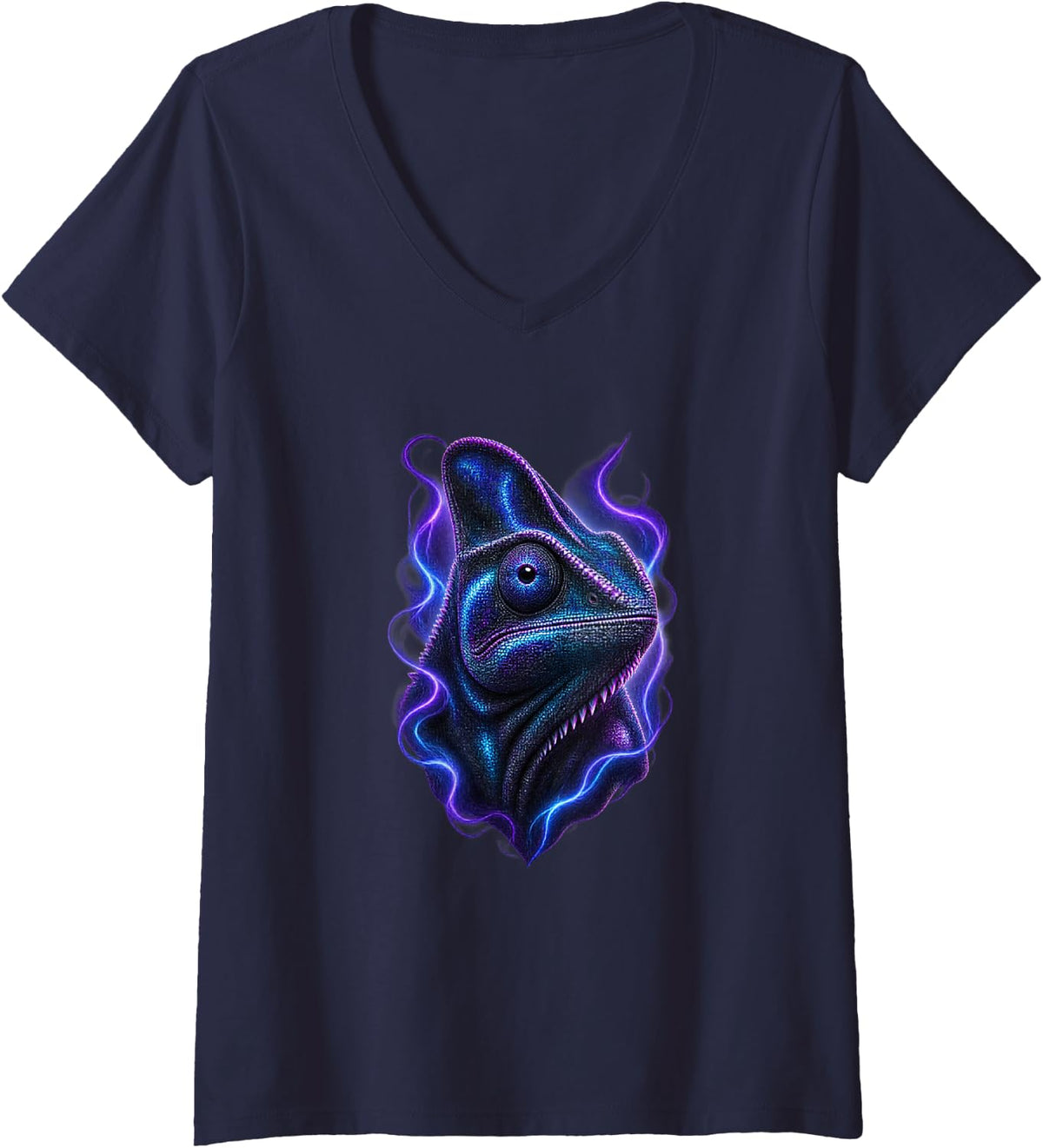 Women's Chameleon with Violet Plasma Curves Reptile Art V-Neck T-Shirt - Navy Blue