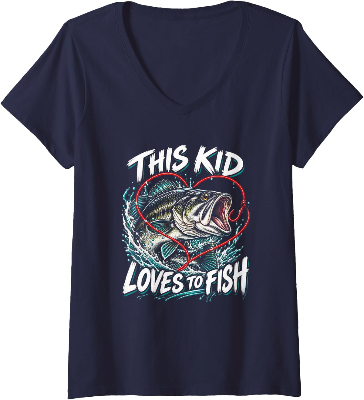 Women's Fishing Kid Largemouth Bass Young Angler Lake Outdoors V-Neck T-Shirt - Navy Blue