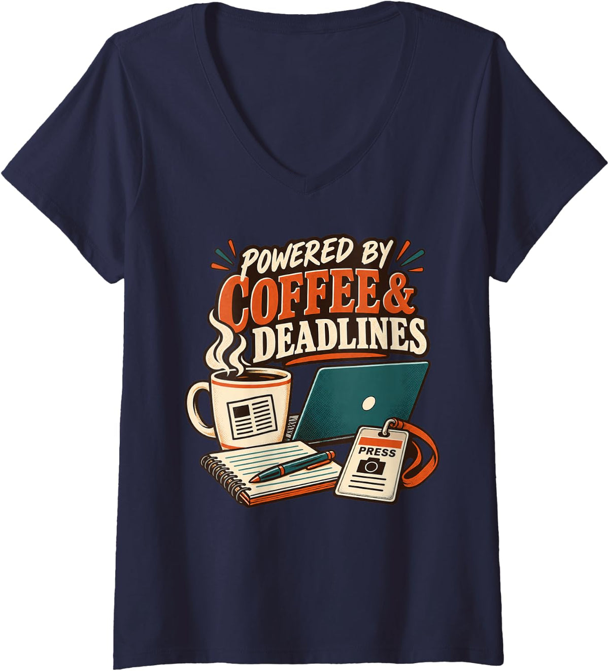 Women's Powered by Coffee & Deadlines Journalism V-Neck T-Shirt - Navy Blue