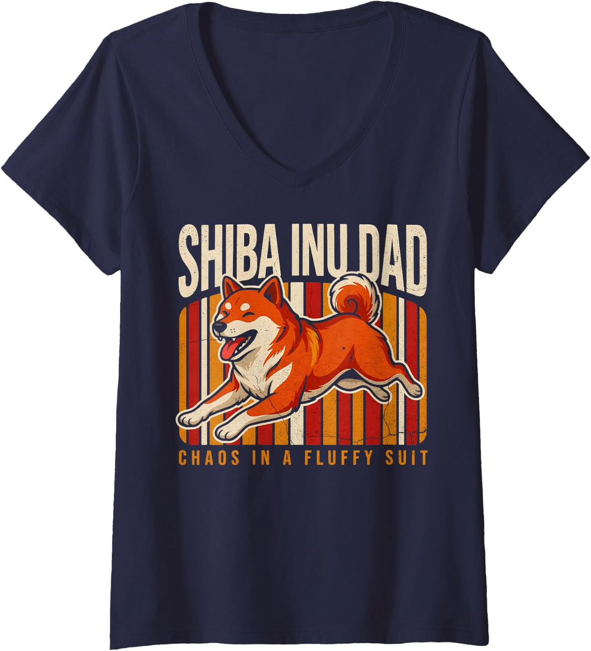 Women's Shiba Inu Dad Chaos in A Fluffy Suit Dog Lover V-Neck T-Shirt - Navy Blue