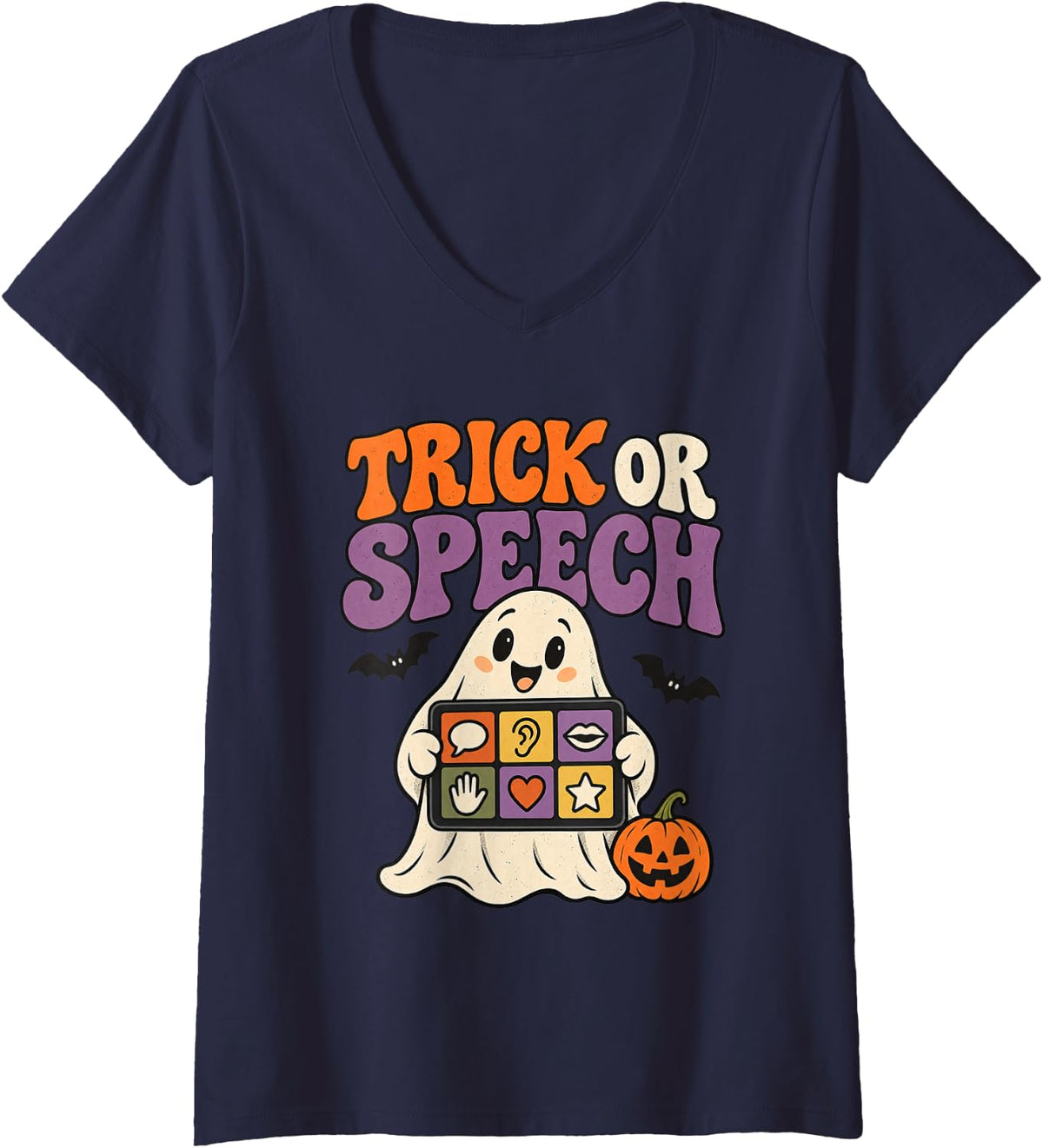 Women's Trick Or Speech SLP Halloween Communication Board V-Neck T-Shirt - Navy Blue