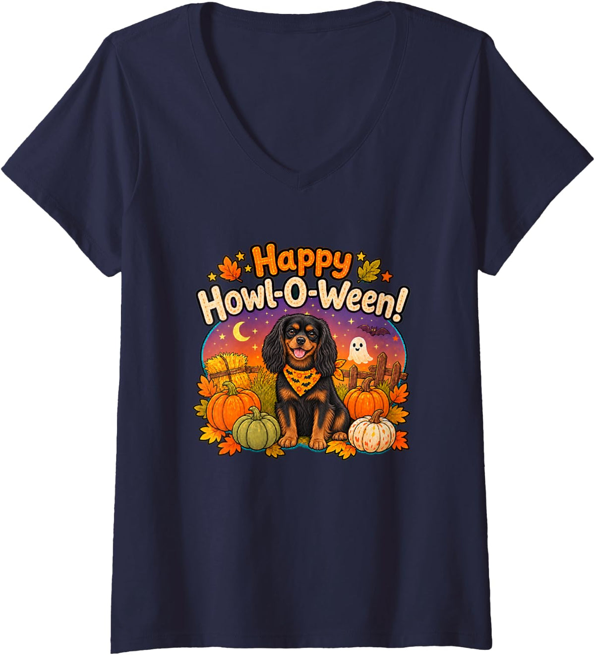 Women's Halloween Howl O Ween Black Tan Cavalier King Spaniel Dog V-Neck T-Shirt - Navy Blue