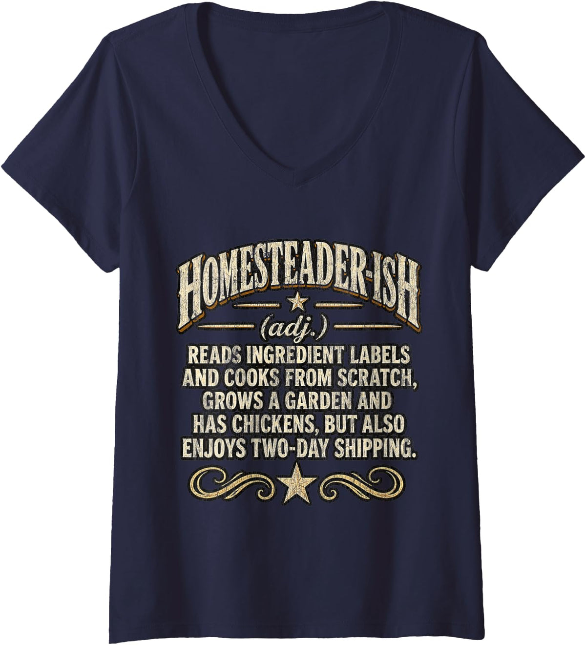 Women's Homesteader-Ish Reads Labels Cooks from Scratch Definition V-Neck T-Shirt - Navy Blue