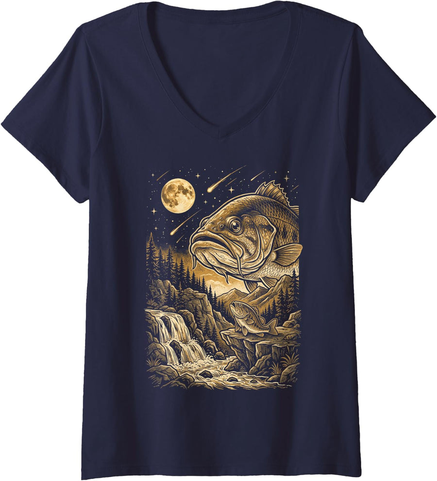 Women's Bass Fish Howling to The Moon Meme 90s Animal V-Neck T-Shirt - Navy Blue