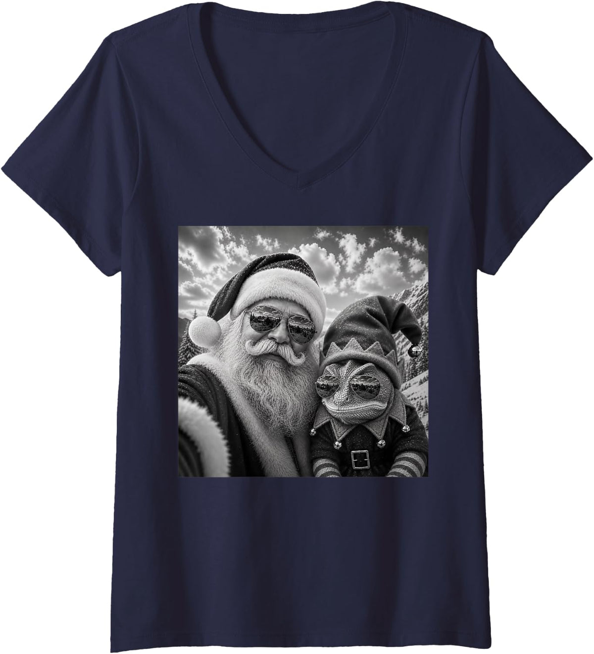 Women's Funny Santa Selfie with Chameleon Christmas V-Neck T-Shirt - Navy Blue