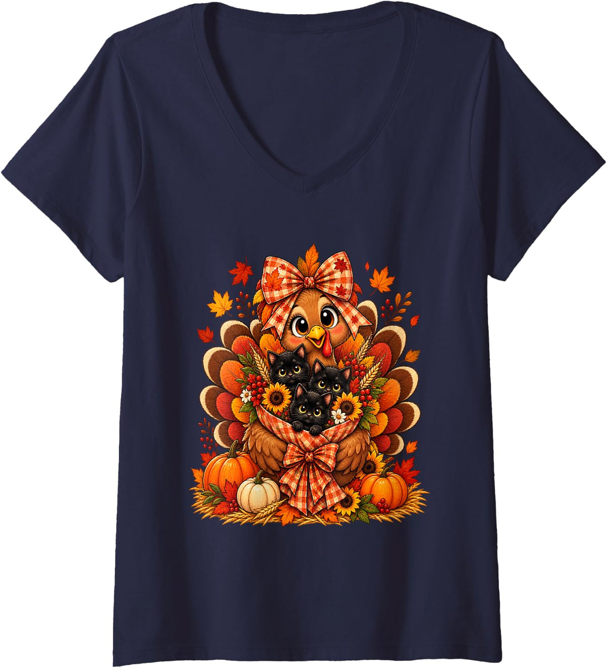 Women's Turkey Black Kittens Cat Mom Cat Lover Women Thanksgiving V-Neck T-Shirt - Navy Blue