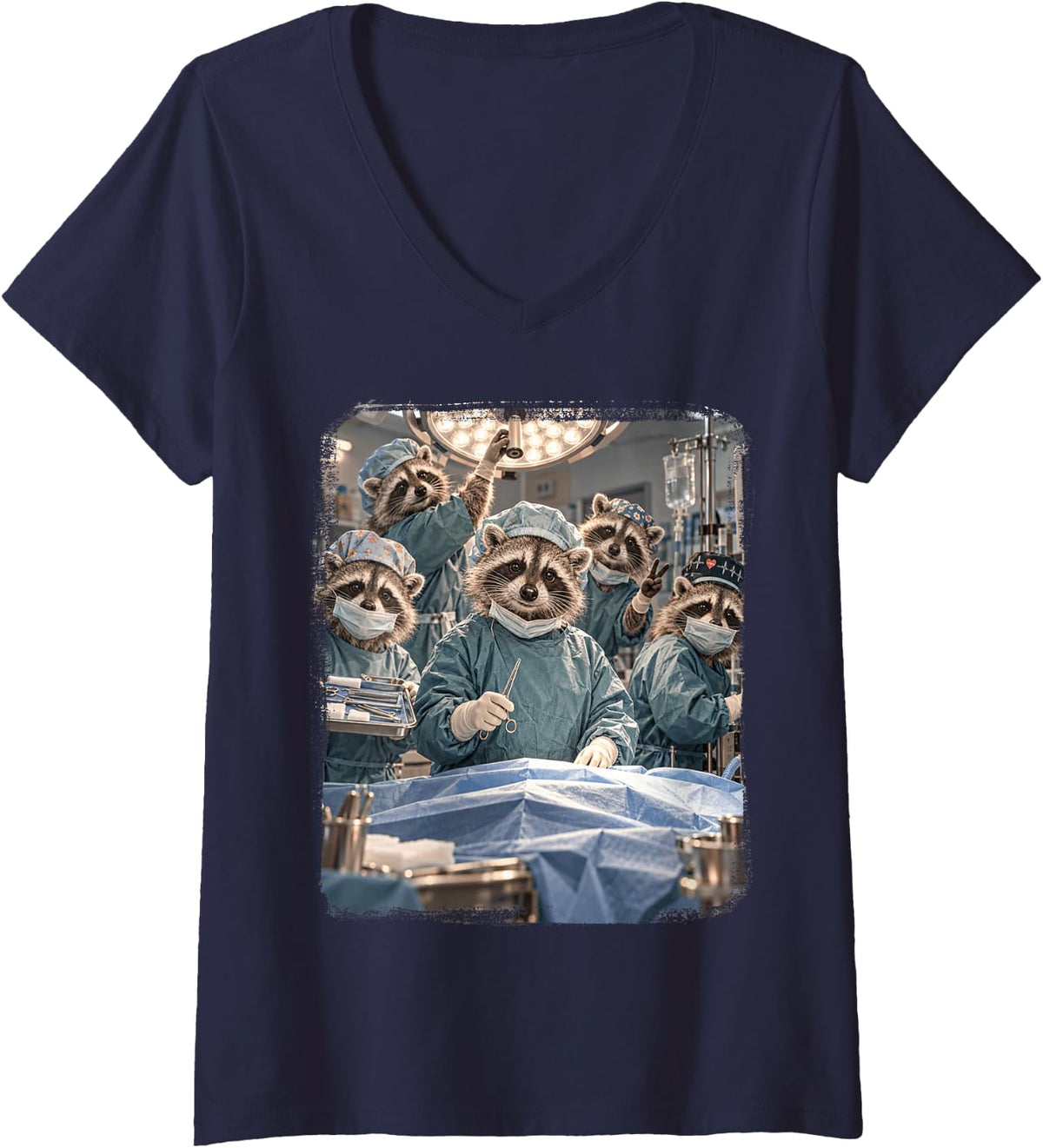 Women's Raccoon Nurse Nursing Nurses Registered Nurse Operation V-Neck T-Shirt - Navy Blue