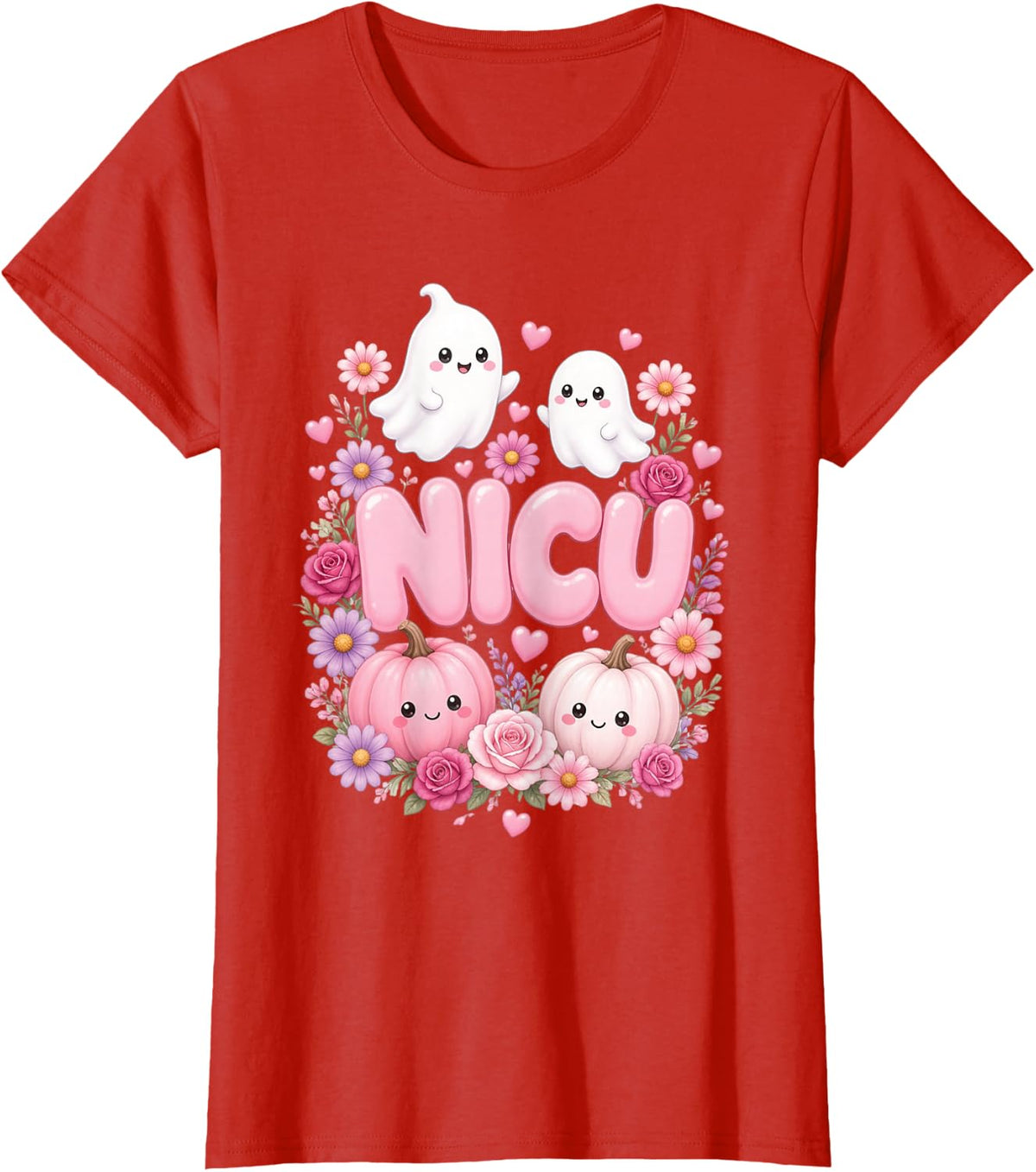 Spooky NICU Nurse Halloween Ghost Pumpkin Fall Neonatal T-Shirt - Red