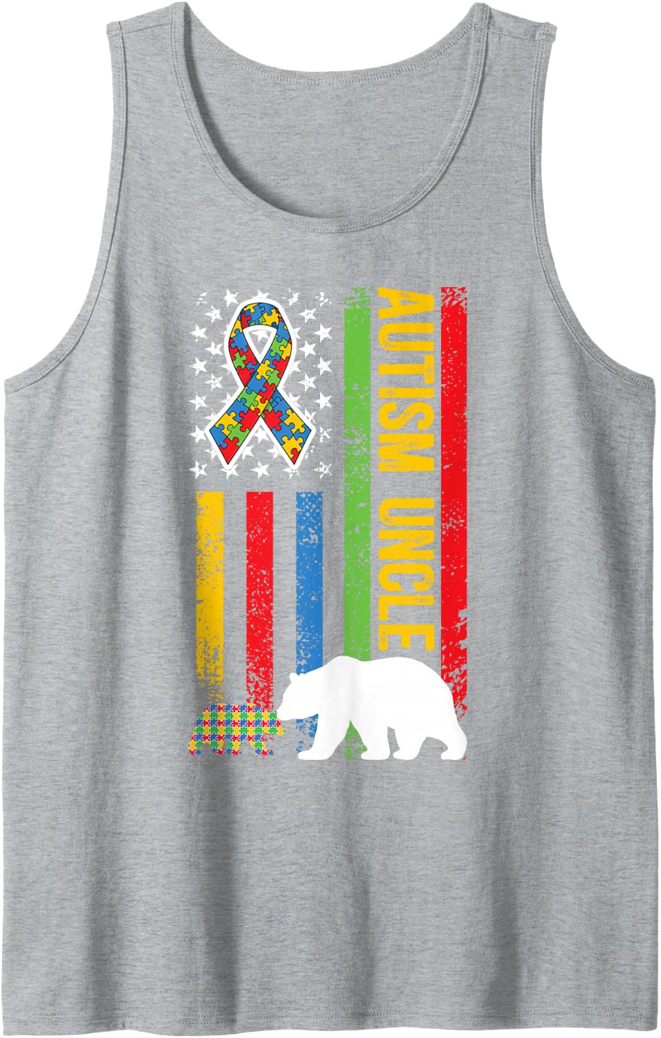 Men's Autism Uncle Autism Awareness Autism Warrior Uncle US Flag Sleeveless Tank Top - Heather Grey