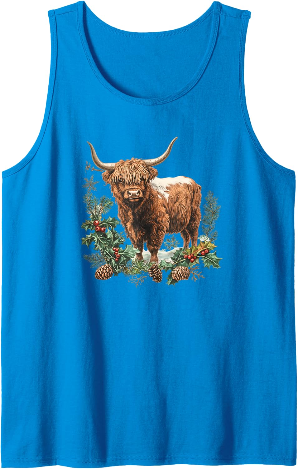 Highland Cow with Retro European Style, A Bunch of Leaves Sleeveless Tank Top - Sapphire Blue