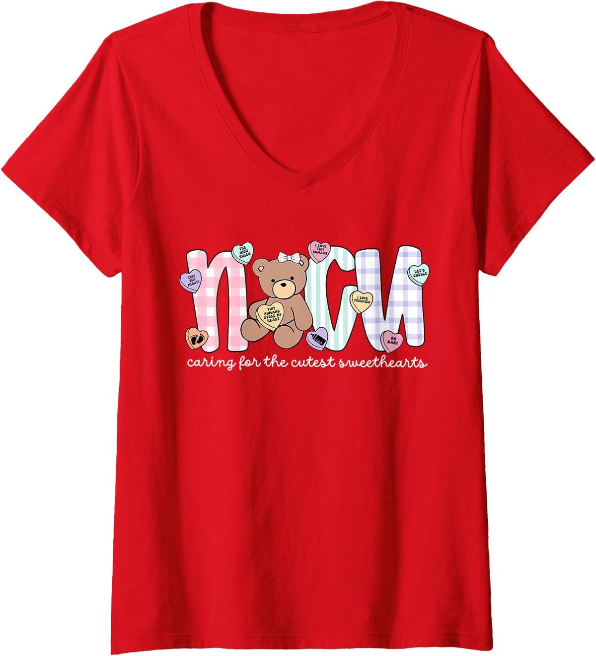 Women's NICU Neonatal Intensive Care Unit Valentine Women Nurse V-Neck T-Shirt - Red