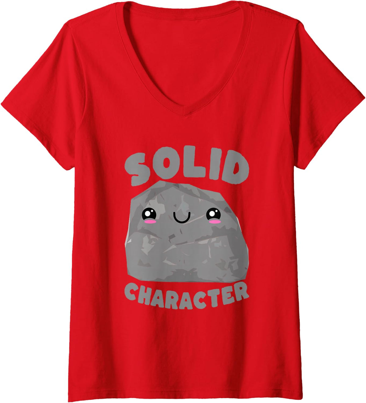 Women's Solid Character Kawaii Rock Pun Design V-Neck T-Shirt - Red
