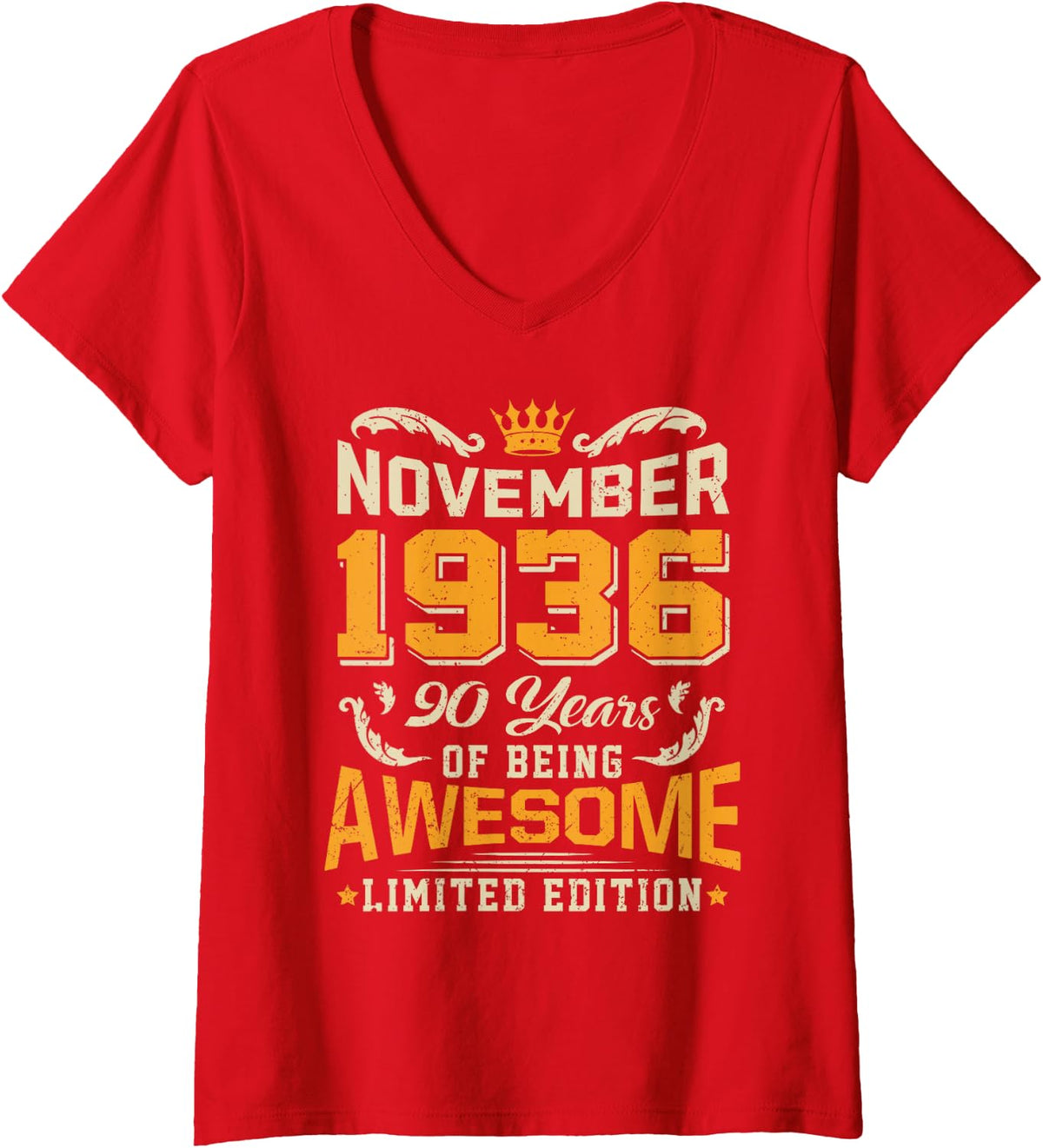 Women's November 1936 Vintage 90 Years Awesome 90th Birthday V-Neck T-Shirt - Red