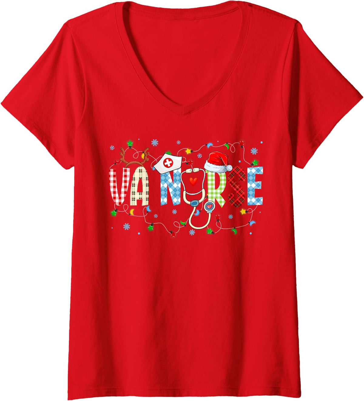Women's VA Nurse Christmas Stethoscope Nurses Xmas Scrub Top Women V-Neck T-Shirt - Red