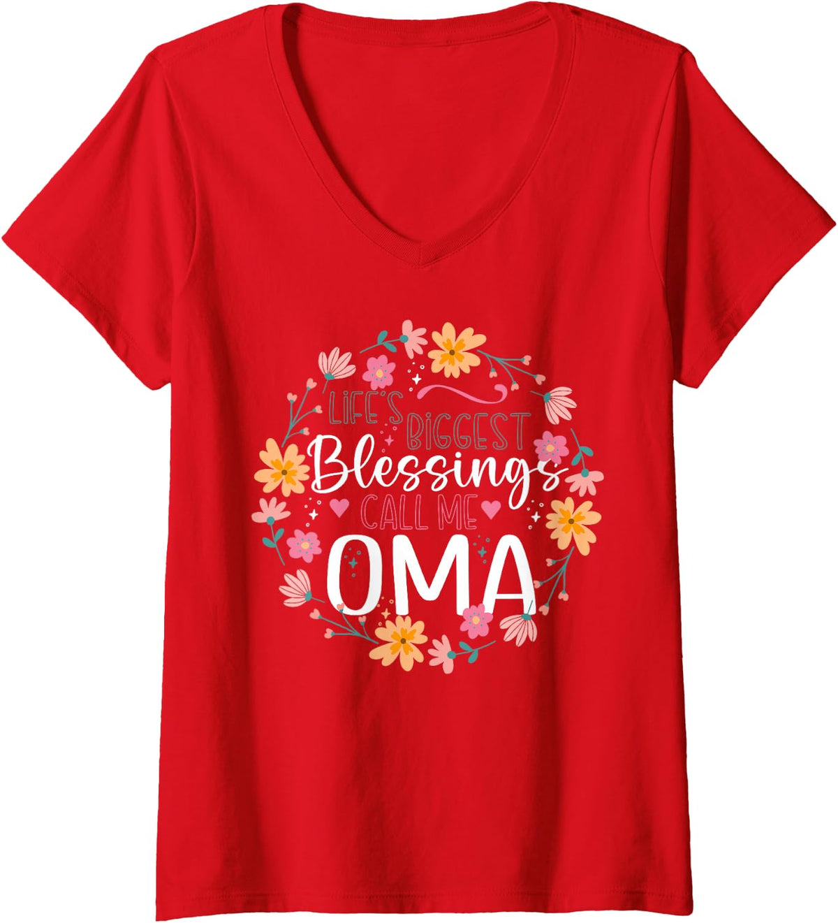Women's Life's Biggest Blessings Call Me Oma Floral Grandma V-Neck T-Shirt - Red