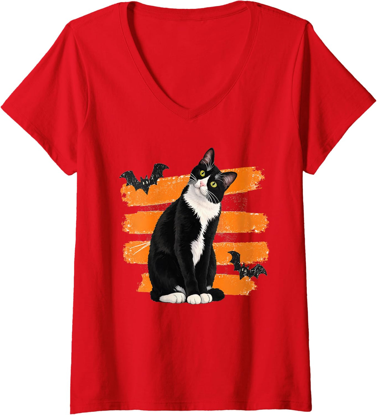 Women's Tuxedo Cat Halloween Bats Orange Stripes Autumn and Fall V-Neck T-Shirt - Red