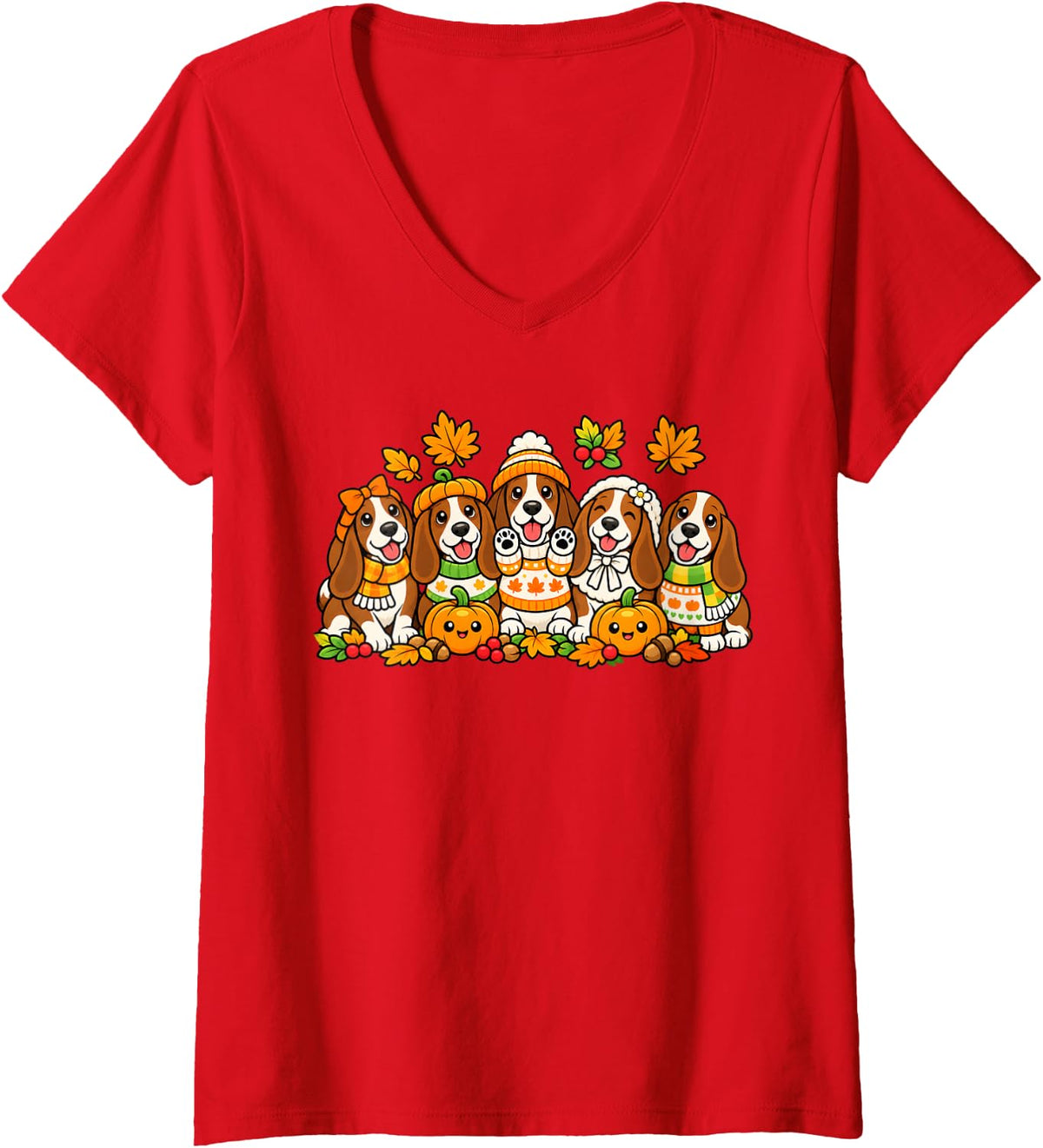 Women's Cute Basset Hound Dog Pumpkin Coffee Fall Autumn Halloween V-Neck T-Shirt - Red