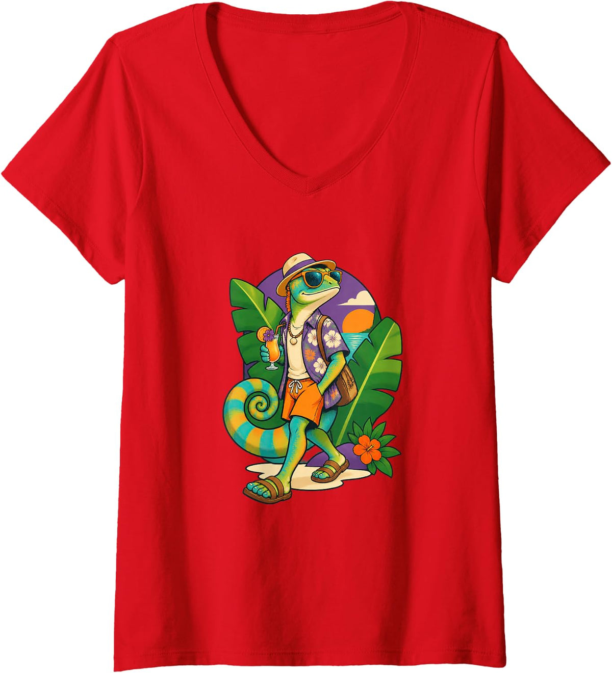 Women's Chameleon Poses with a Tropical Shirt V-Neck T-Shirt - Red