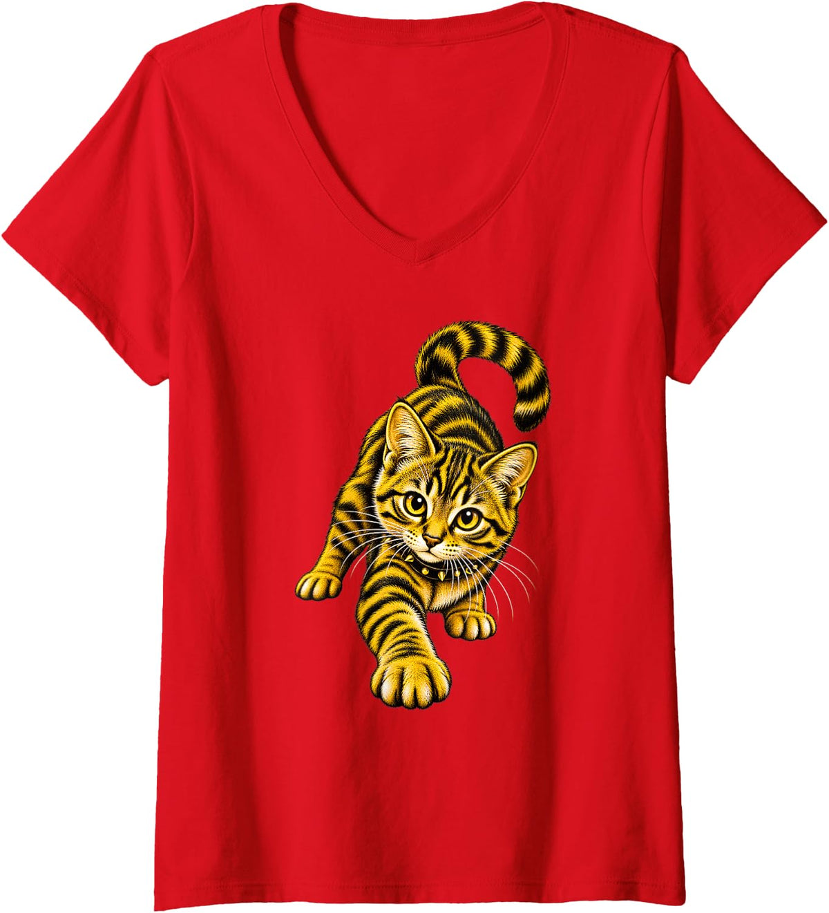 Women's Playful Tabby Kitten Cat Illustration V-Neck T-Shirt - Red