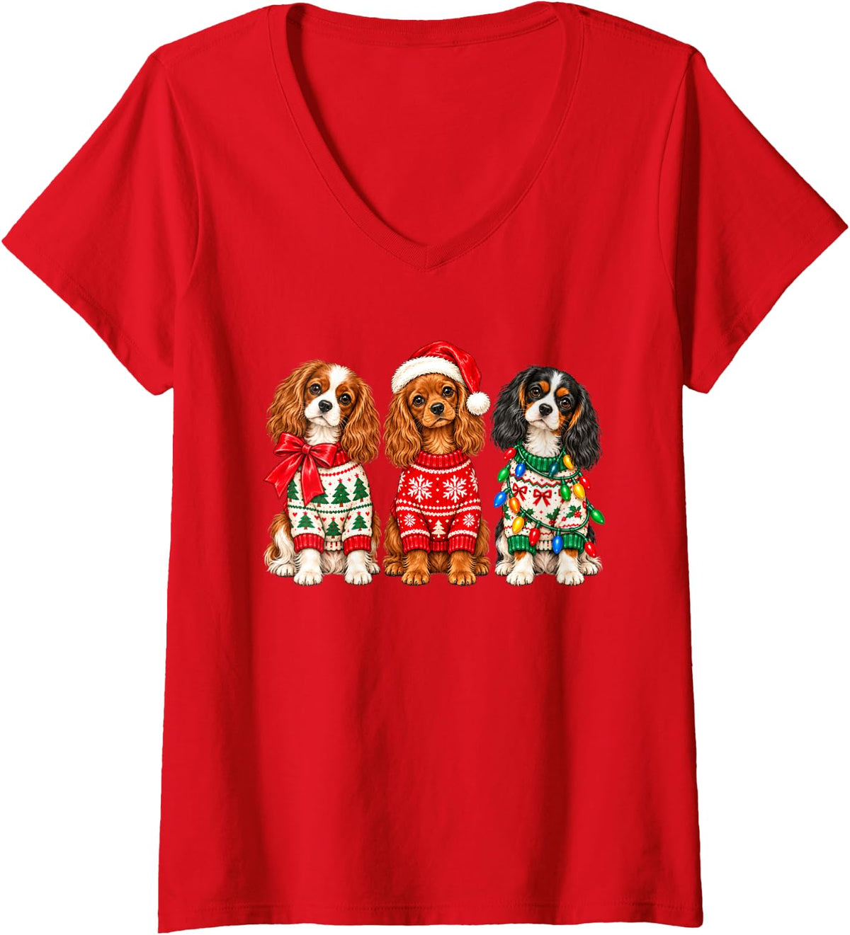 Women's Christmas Cavalier King Charles Spaniel Dogs Ugly Sweater V-Neck T-Shirt - Red