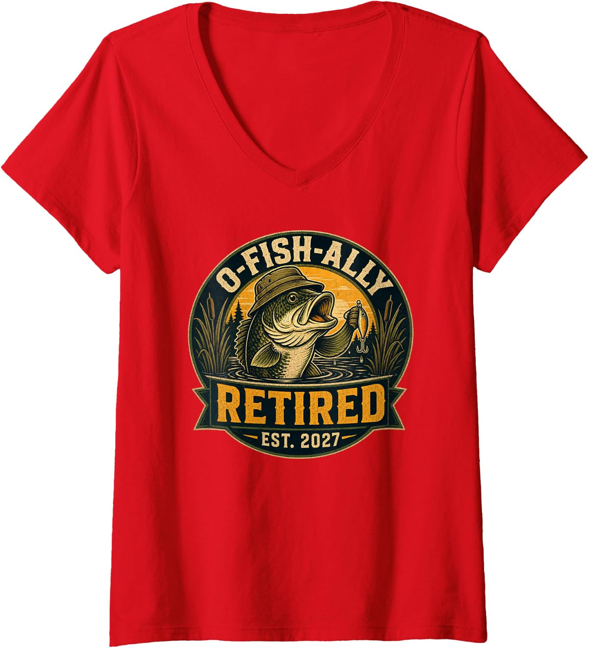 Women's Fishing Retirement 2027 Largemouth Bass V-Neck T-Shirt - Red