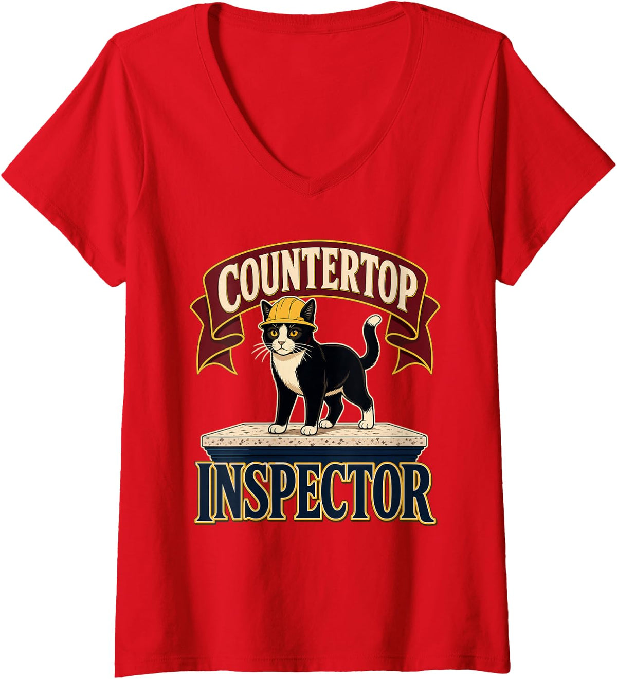 Women's Countertop Inspector Tuxedo Cat Kitchen V-Neck T-Shirt - Red