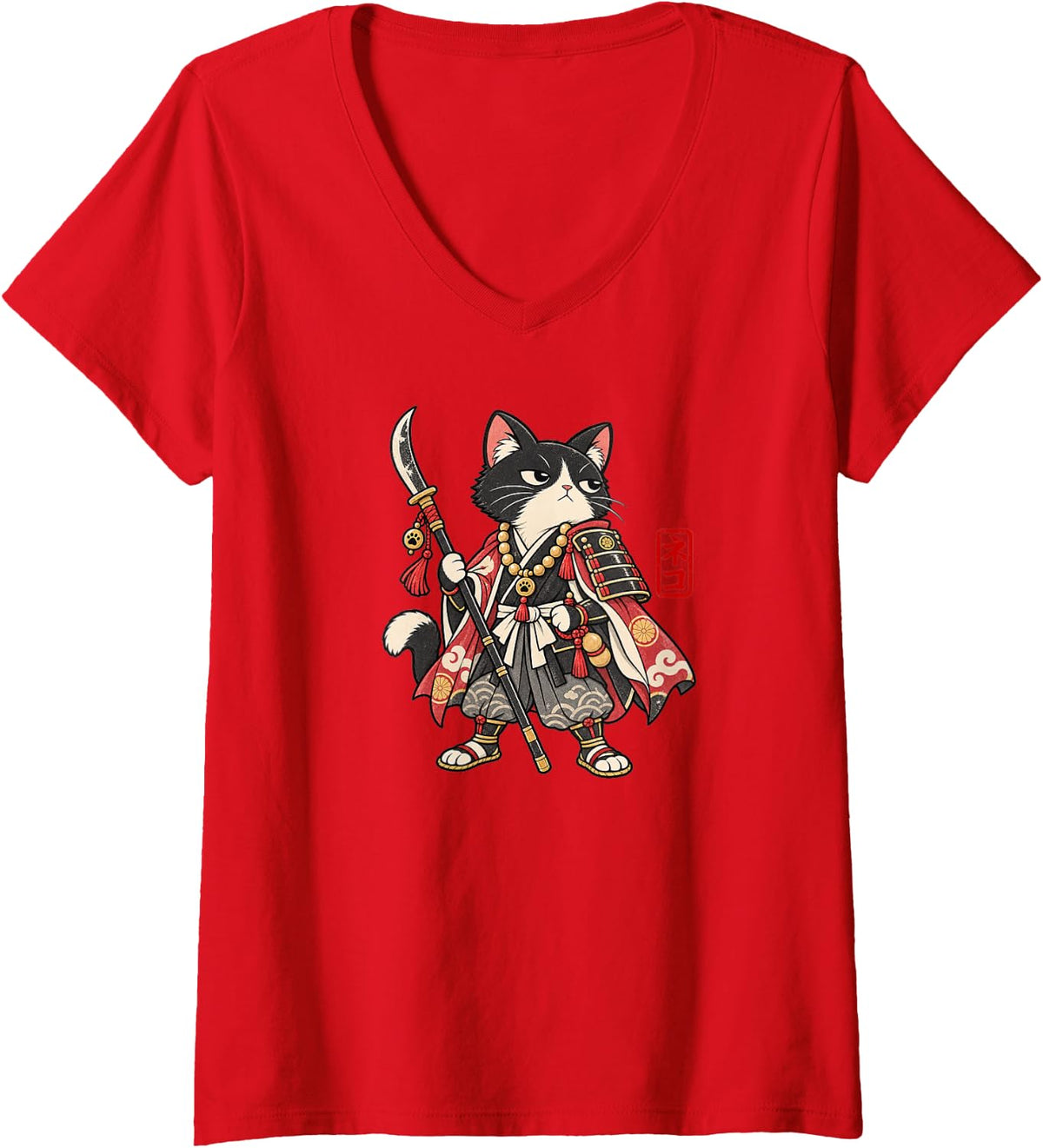 Women's Tuxedo Cat Warrior Monk Japanese Samurai Vintage Art V-Neck T-Shirt - Red