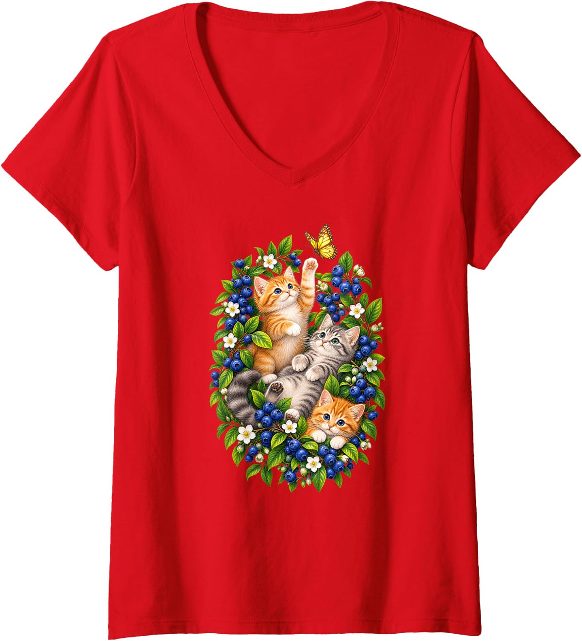 Women's Cute Kittens Blueberry Butterfly Flower Cats V-Neck T-Shirt - Red