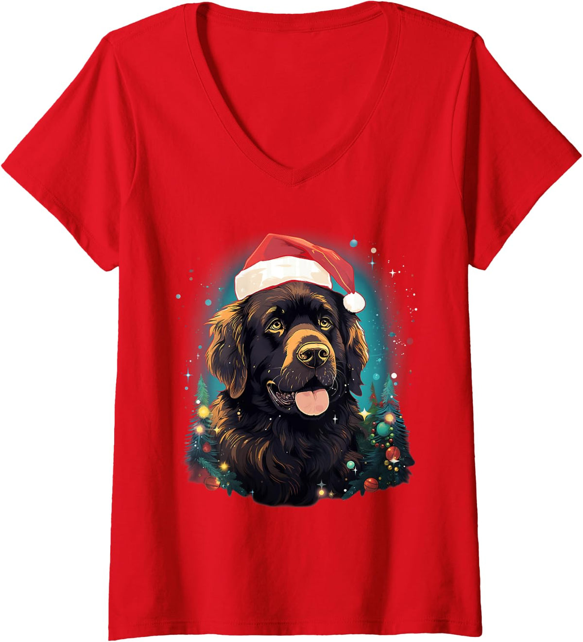 Women's Xmas Newfoundland Dog Christmas V-Neck T-Shirt - Red