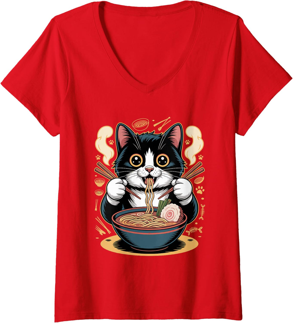 Women's Tuxedo Cat Ramen Noodle Lover V-Neck T-Shirt - Red