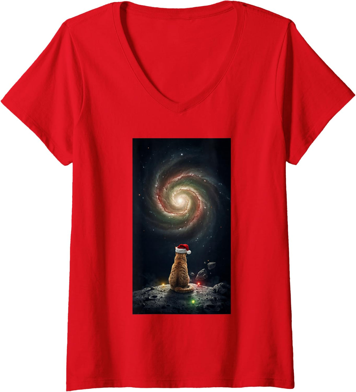 Women's Orange Tabby Cat Santa Hat Galaxy Space Christmas Cat Lover V-Neck T-Shirt - Red
