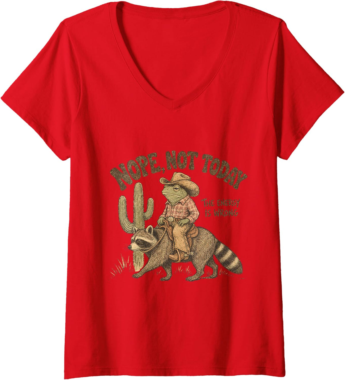 Women's Nope Not Today Chameleon Riding Raccoon Animal Funny Gift V-Neck T-Shirt - Red