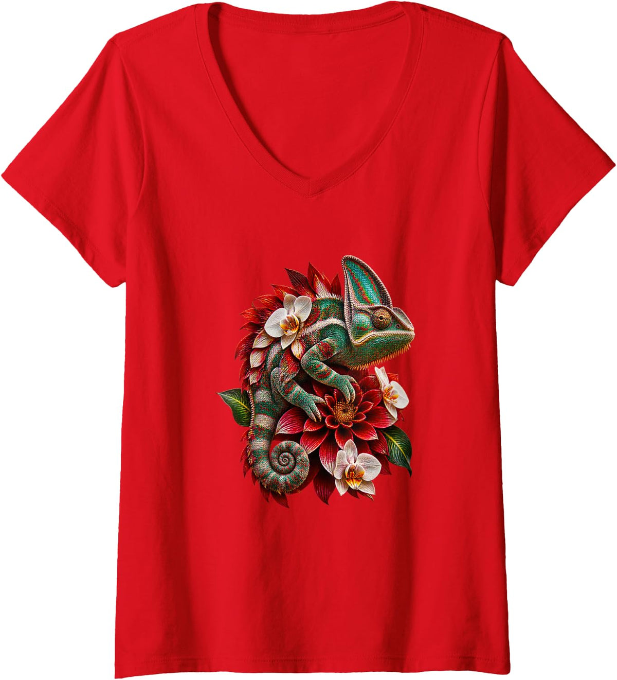 Women's Veiled Chameleon Red Dahlias and White Orchids V-Neck T-Shirt - Red