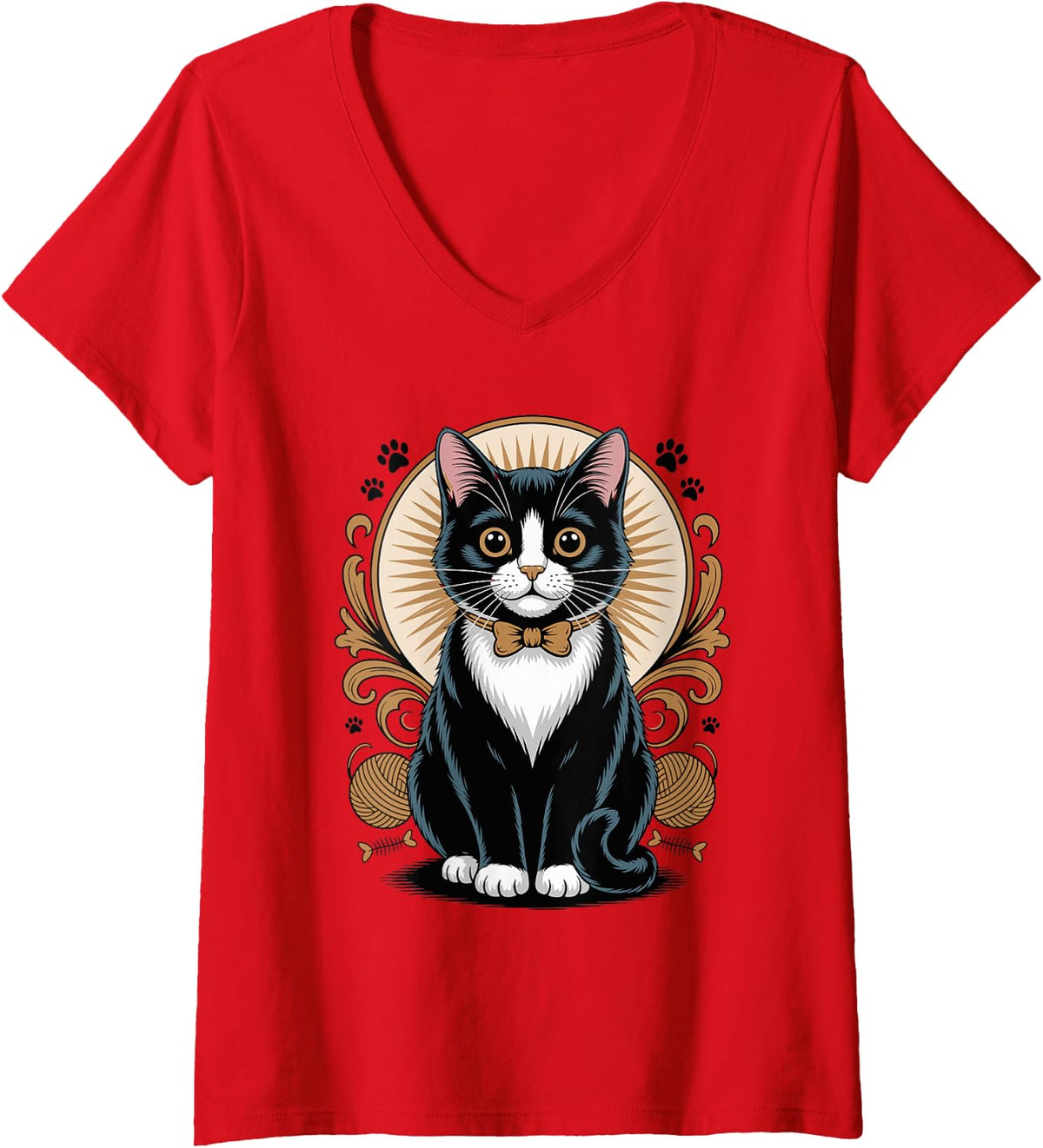 Women's Tuxedo Cat Portrait V-Neck T-Shirt - Red