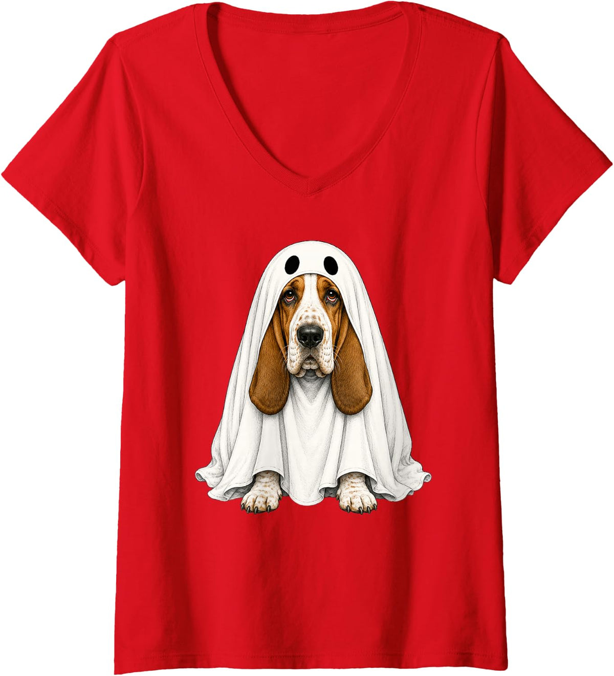 Women's Basset Hound Dog Ghost Halloween V-Neck T-Shirt - Red