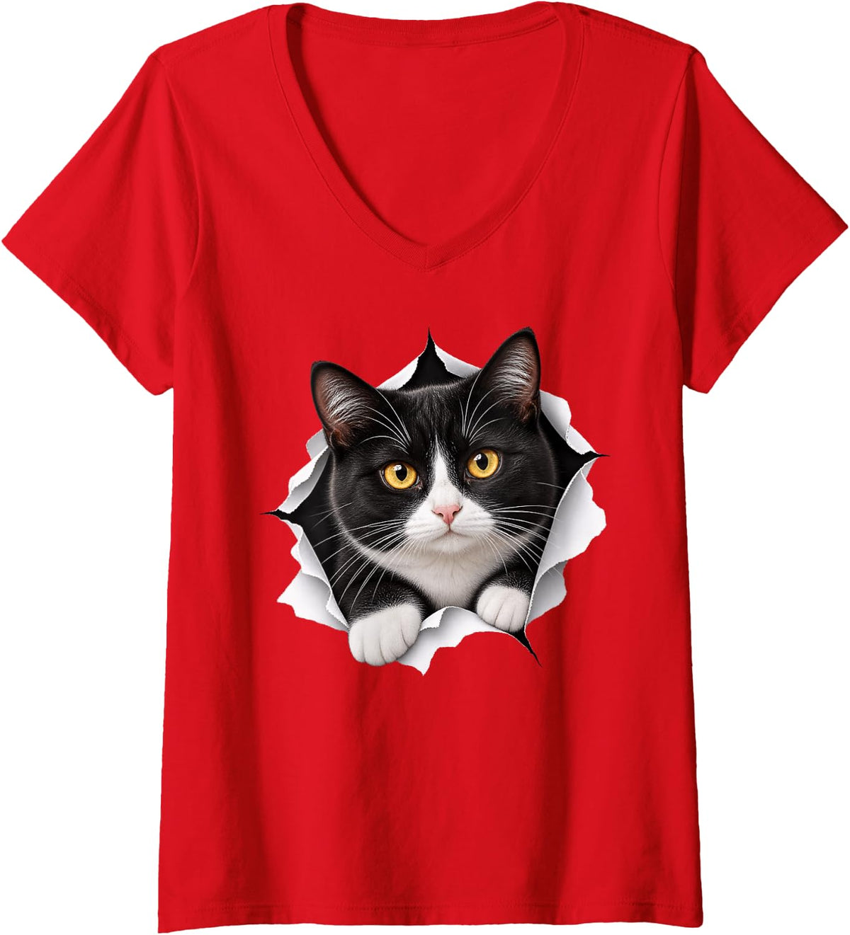 Women's Funny Tuxedo Cat Peeking Cute Mom Dad V-Neck T-Shirt - Red
