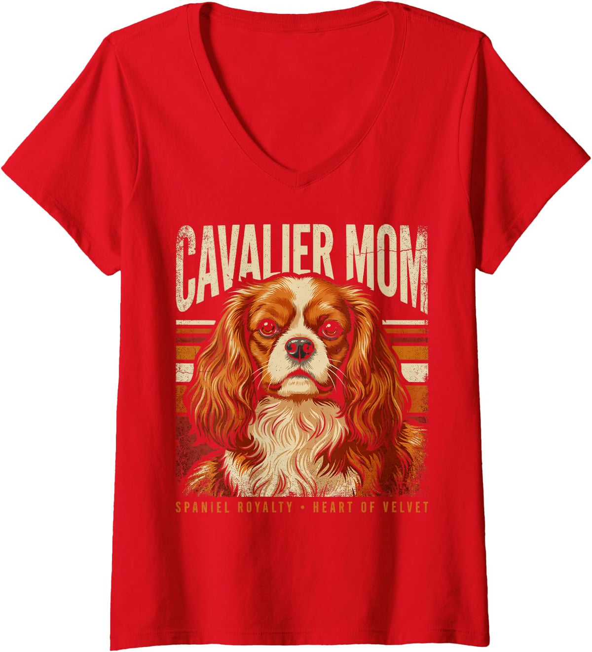 Women's Cavalier Monk Spaniel Royalty Heart of Velvet V-Neck T-Shirt - Red
