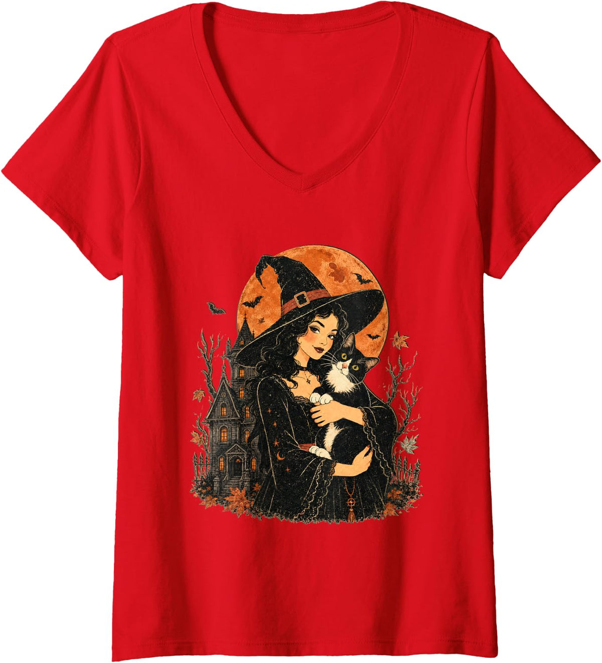 Women's Tuxedo Cat Witch Mother Halloween Autumn Fall V-Neck T-Shirt - Red
