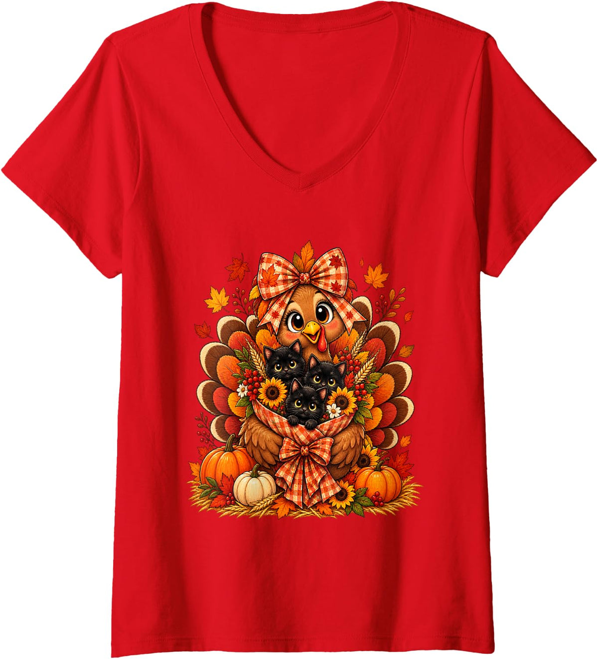 Women's Turkey Black Kittens Cat Mom Cat Lover Women Thanksgiving V-Neck T-Shirt - Red