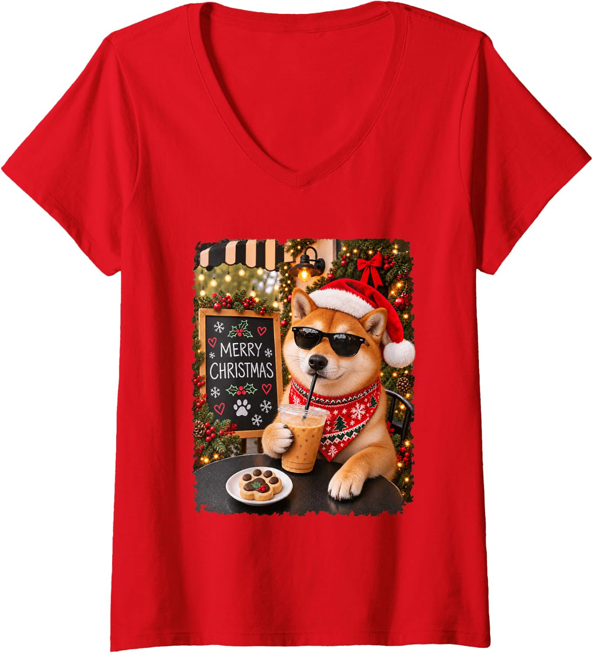 Women's Merry Christmas Chill Shiba Inu Coffee Santa Hat Holiday V-Neck T-Shirt - Red